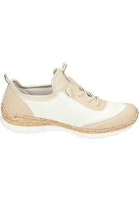 Beige and white sneaker with a textured, cork-like sole, round toe, and tonal leather upper featuring laces and stitching details.