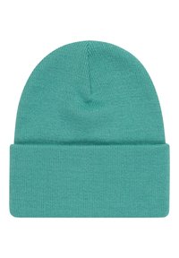 Berretto a maglia in teal con risvolto, caratterizzato da una texture liscia e un design a cupola, realizzato in materiale morbido e elastico.