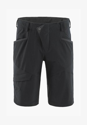 Black shorts featuring a button closure, multiple pockets, and contrasting stitching. Made from durable fabric with a smooth texture.