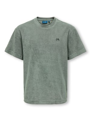 Kortærmet T-shirt med rund hals i lysegrå frotté med lille broderet cykellogo på venstre bryst.