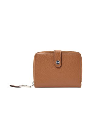 Compact brown leather wallet with a snap closure strap and a zippered compartment, featuring a small round metal logo badge.
