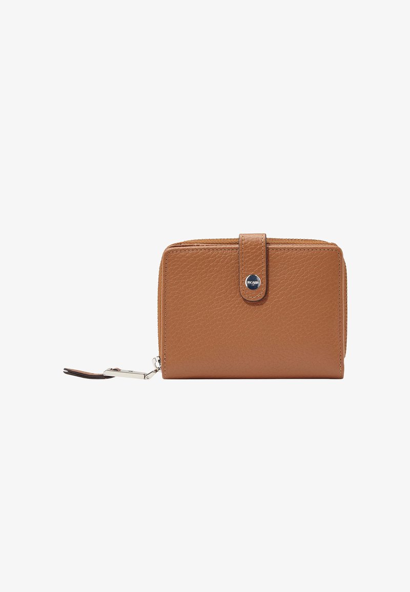 Compact brown leather wallet with a snap closure strap and a zippered compartment, featuring a small round metal logo badge.