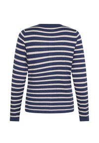 Blusa de manga larga con rayas horizontales en azul marino y crema, cuello redondo, textura suave y un ajuste relajado. Sin cierres visibles.