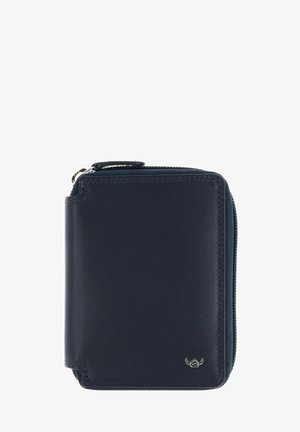 Portefeuille compact en cuir noir avec fermeture éclair et petit logo argenté dans le coin inférieur droit.