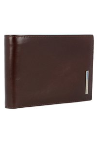 Brown leather wallet with a smooth texture, rectangular shape, and a metal accent featuring blue detailing on one side.