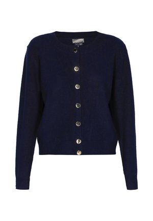 Granatowy sweter zapinany na guziki, z okrągłym dekoltem, długimi rękawami, sześcioma metalowymi guzikami z przodu oraz ściągaczami przy rękawach i u dołu.