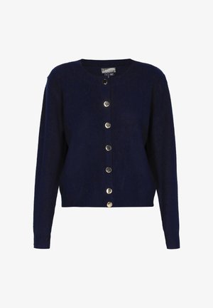 Cardigan lavorato a maglia blu navy con collo rotondo, maniche lunghe, sei bottoni metallici sul davanti e polsini e orlo a coste.