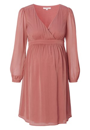 Rosenfarbenes Kleid aus leichtem Stoff, mit einem Wickel-V-Ausschnitt, langen Puffärmeln und einer taillierten Passform mit gerafften Details.