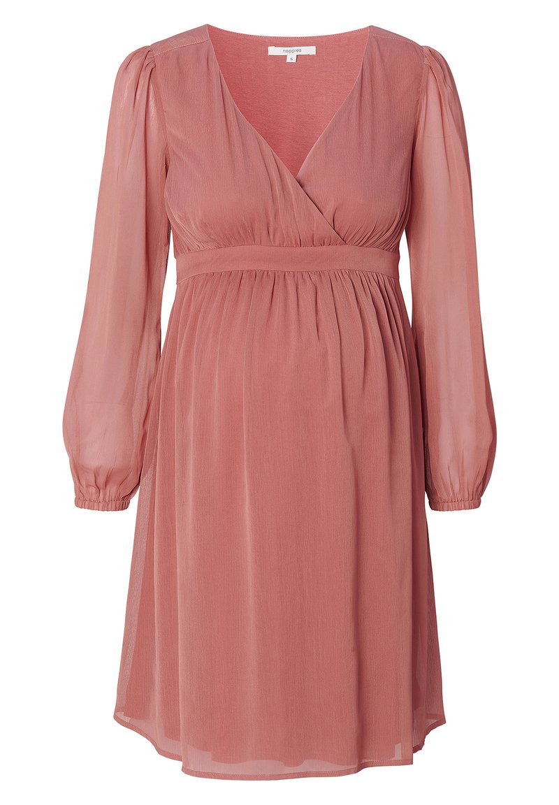 Rosenfarbenes Kleid aus leichtem Stoff, mit einem Wickel-V-Ausschnitt, langen Puffärmeln und einer taillierten Passform mit gerafften Details.