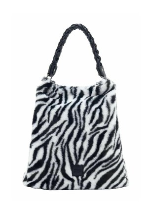 Sac à main en fausse fourrure avec un imprimé zèbre, doté d'une poignée noire tressée et d'un accent de logo carré en bas. Texture douce et motif noir et blanc saisissant.