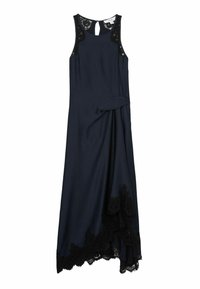 Abito blu navy realizzato in tessuto liscio, con accenti in pizzo nero sulle spalle e sull'orlo, e un dettaglio attorcigliato in vita.