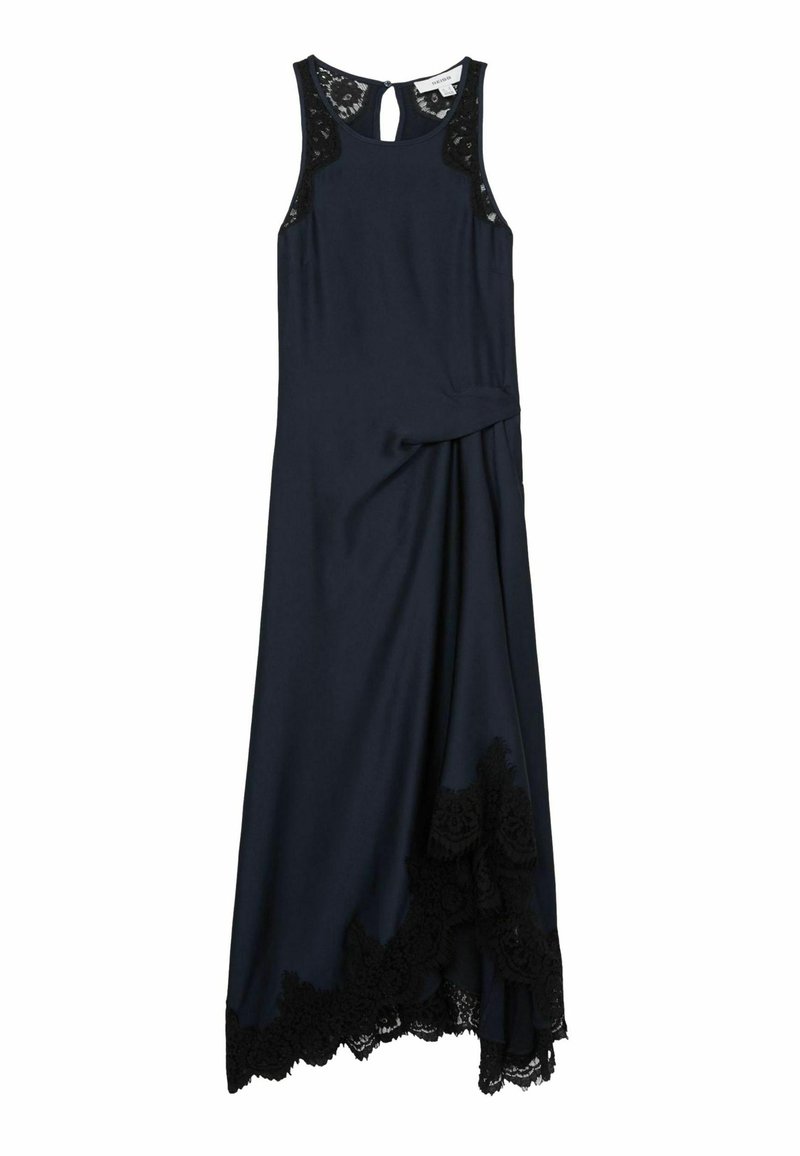Abito blu navy realizzato in tessuto liscio, con accenti in pizzo nero sulle spalle e sull'orlo, e un dettaglio attorcigliato in vita.