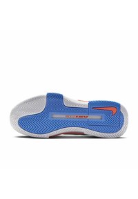 Suela de zapato con una base blanca y acentos en azul y rojo, patrón de banda de rodadura en zigzag y una unidad Air Zoom visible en el centro.