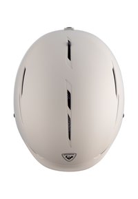 Lys beige hjelm med en glat mat finish, der har flere ventilationsåbninger og en central justeringshjul. Logo placeret nederst foran.