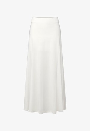 Falda blanca larga en línea A con una cinturilla ajustada, que fluye suavemente hasta la longitud del tobillo.
