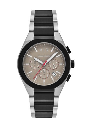 Montre chronographe homme Armani Exchange avec bracelet en métal noir et argenté, cadran gris, trois sous-cadrans, aiguille des secondes rouge et affichage de la date.