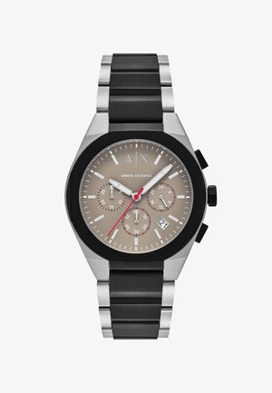 Armani Exchange heren chronograaf horloge met een zwart en zilverkleurige metalen band, grijze wijzerplaat, drie subdials, rode secondewijzer en datumweergave.