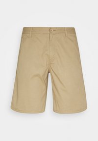 Khaki shorts i bomullsblandning, med flat front, bältesöglor och en enda knäppning. Slät textur, knälång klipp.
