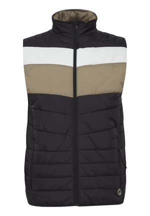 Black padded vest with beige and white horizontal stripes, high collar, front zipper, and two side pockets. Features stitched texture.