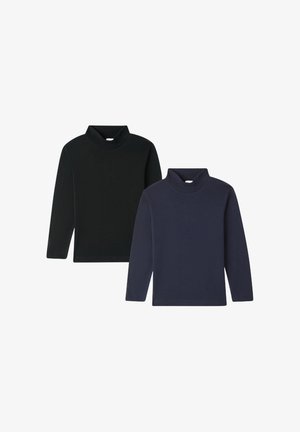 Due maglioni a collo alto realizzati in morbido tessuto, uno nero e uno blu scuro, caratterizzati da maniche lunghe e un design dal taglio rilassato.