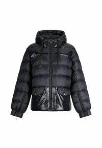 Giacca a vento nera con cappuccio, zip frontale, due tasche con pattina, cordini regolabili e zip sulle maniche.