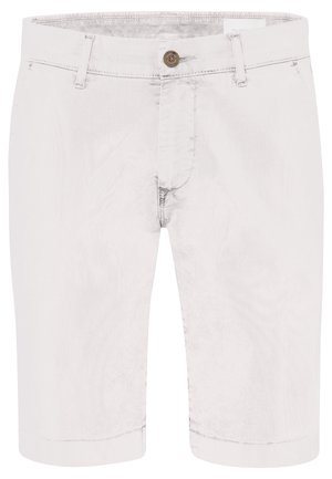 Hellgraue Jeansshorts mit vorderer Knopfverschluss, Gürtelschlaufen und sichtbaren Nahtdetails.