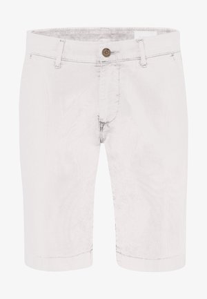 Shorts en denim gris clair avec fermeture à boutons sur le devant, passants de ceinture et coutures visibles.