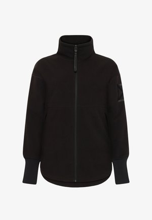 Giacca in pile nera con colletto alto, cerniera frontale, maniche lunghe e polsini a costine a contrasto. Presenta una toppa con logo sul braccio.