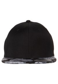 Schwarze Baseballmütze mit einem flachen Schirm. Der Schirm hat ein grau-weißes Blumenmuster. Der Stoff hat eine strukturierte Oberfläche.
