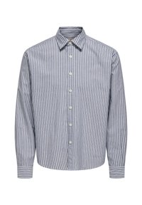Μπλε και λευκό πουκάμισο με ρίγες και κουμπιά, με κλασικό γιακά, μακριά μανίκια και ίσιο τελείωμα. Κατασκευασμένο από ελαφρύ βαμβακερό ύφασμα.