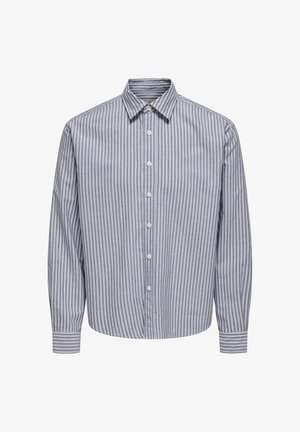 Blauw-wit gestreept overhemd met knopen, voorzien van een klassieke kraag, lange mouwen en een rechte zoom. Gemaakt van lichtgewicht katoenen stof.