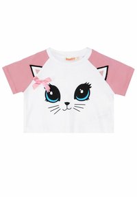 Camiseta blanca de manga corta con mangas raglán rosas, que presenta un diseño de cabeza de gato en blanco y negro y un lazo rosa en el cuello.