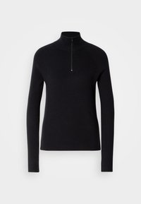 Pullunder nero a maglia con colletto alto e mezza cerniera, caratterizzato da una texture a coste e maniche lunghe. Design semplice e aderente.