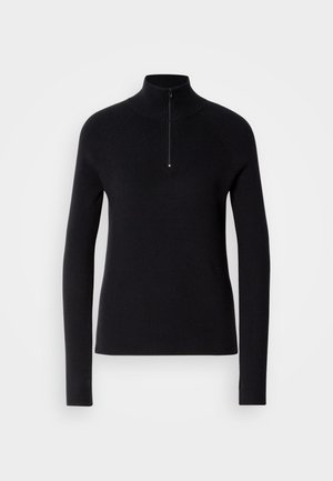 Pullunder nero a maglia con colletto alto e mezza cerniera, caratterizzato da una texture a coste e maniche lunghe. Design semplice e aderente.