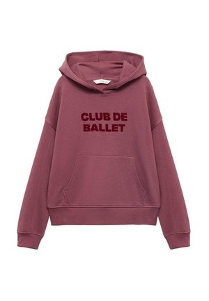 Maroon hoodie with a front pocket, featuring the text "CLUB DE BALLET" in dark red. Casual design with a cozy, soft texture.