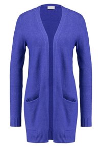 Lång, öppen cardigan i livlig lila, tillverkad av mjukt stickat material. Har två framfickor och ribbad mudd och nederkant.