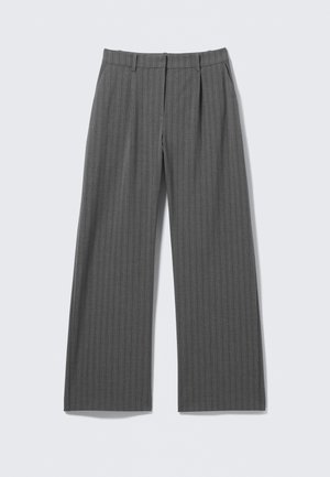 Gray pinstriped wide-leg trousers with front pleats and belt loops, laid flat on a white background.