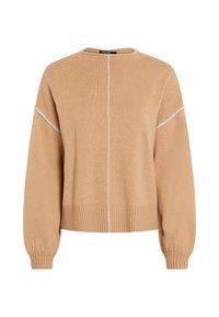 Beige knitted sweater with a rounded neckline, drop shoulders, and white vertical seam detail. Ribbed cuffs and hem provide texture.