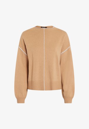Beige knitted sweater with a rounded neckline, drop shoulders, and white vertical seam detail. Ribbed cuffs and hem provide texture.