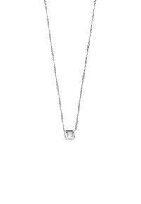 Silberne Halskette mit einer filigranen Kette, die einen kleinen, quadratischen Anhänger mit einem klaren Stein trägt. Einfaches Design mit polierten Details.