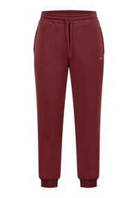 Bordeauxrote Jogginghose aus weichem Stoff, mit elastischem Bund und Kordelzug, seitlichen Taschen und angesetzten Bündchen an den Knöcheln.