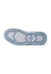Light blue sneaker sole with a textured rubber surface. Features a patterned grip, hexagonal and diamond shapes, and a prominent logo.