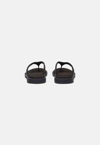 Black flat sandals with thong straps viewed from the back on a plain white background.