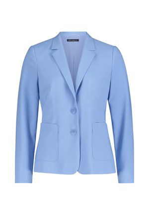 Jasnoniebieska marynarka z dwoma przednimi kieszeniami, dwoma guzikami, klapą z wycięciem i strukturalnym krojem. Wykonana z gładkiej tkaniny o czystym wykończeniu.