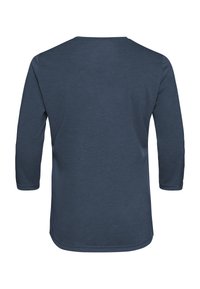 Dunkelblaues, langärmliges T-Shirt mit rundem Ausschnitt und abgerundetem Saum. Weicher Stoff mit glatter Haptik. Keine sichtbaren Muster oder Akzente.