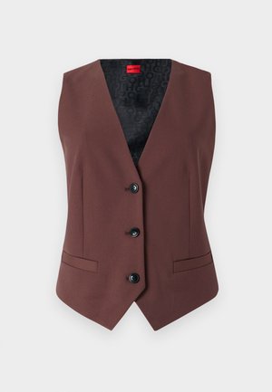 Brown tailored vest with a V-neck, five black buttons, two side pockets, and a patterned black interior lining.