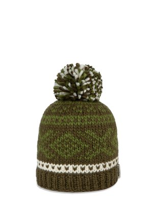 Bonnet d’hiver tricoté en vert et marron avec une bande à motif cœur blanc et un pompon sur le dessus en fil vert, marron et blanc.