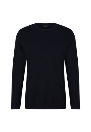 Maglione nero a maniche lunghe con colletto a giro e un design semplice e uniforme, senza modelli o loghi visibili.