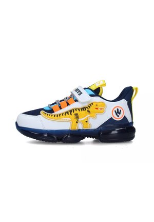 Sneaker con una combinazione di colori bianca, blu navy e arancione, caratterizzate da un design di dinosauro giallo sul lato e dettagli in rete per la traspirabilità.