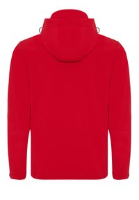 Rote Jacke mit Kapuze, langärmlig, mit glatter Textur und verstellbaren Kordeln am Halsbereich für eine sichere Passform.